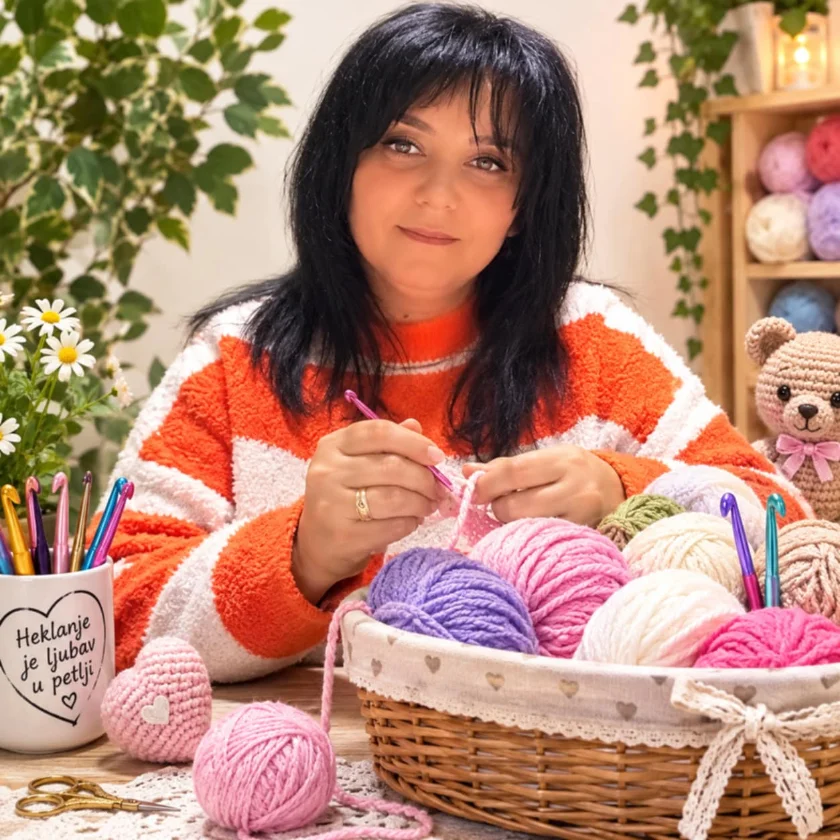 Melita, autorka Meli lutaka, hekla za stolom sa klupcima vune